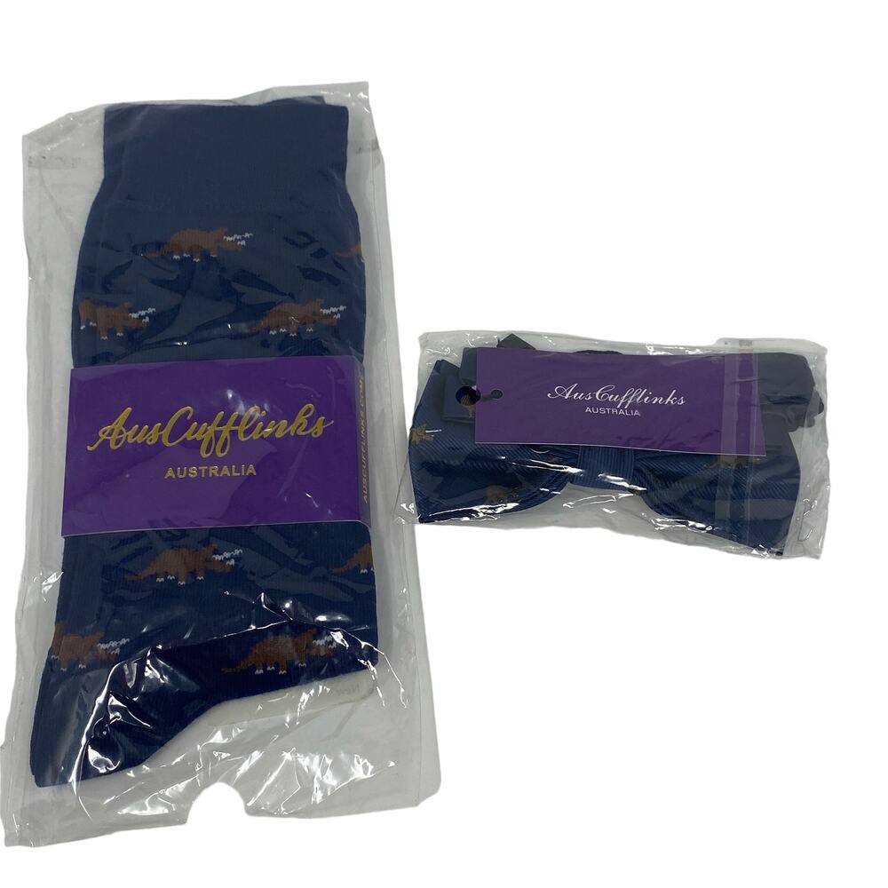 NWT Aus Cufflinks Mens Navy Dinosaur Socks Bow Tie Gift Set Triceratops Novelty